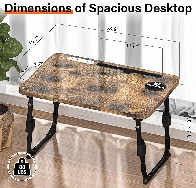 DECOSIS Laptop Desk for Bed Height Adjustable, Lap Bed Table with USB/Storage Drawer/Cup Holder/Tablet Stand/Book Shelf, Foldable Breakfast Tray Portable for Reading Writing, Sofa & Floor, Carbonized