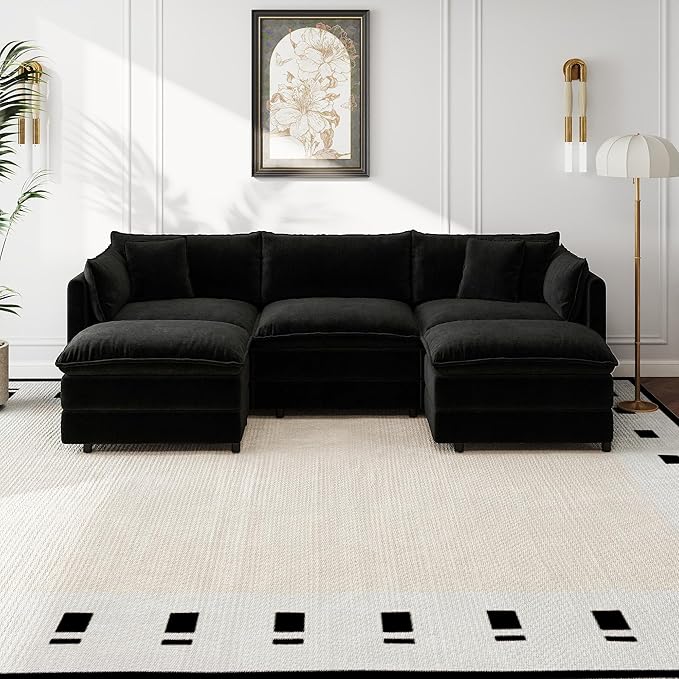 Aoowow Modular Sectional Sofa Modern Convertible U Shaped Couch,112.2 Inch Deep 3-Seater Sofas Set Comfy Chenille Cloud Sofas and Couches with Movable Ottoman for Living Room Apartment（Black）