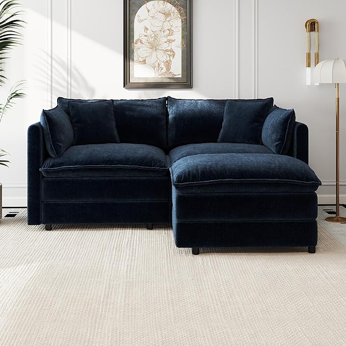 Aoowow Modular Sectional Sofa Modern Convertible Loveseat Couch,77.16 Inch Deep 2-Seater Sofas Comfy Chenille Cloud Sofas and Couches Set with Movable Ottoman for Living Room Apartment（Blue）