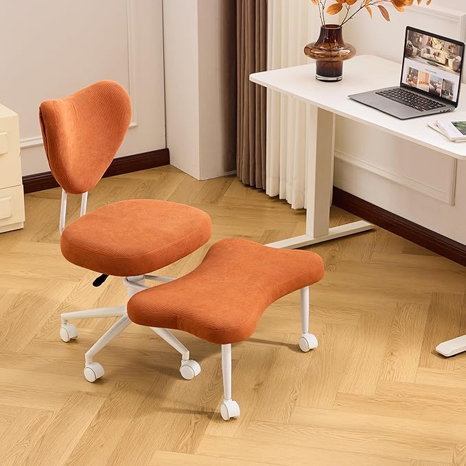 Meditation Chair with Lumbar Support, Ergonomic Floor Sitting Chair Adjustable Height, Cross Legged Chair for Office, Yoga & Mindfulness, Cushioned Seat with Wheels (Orange)