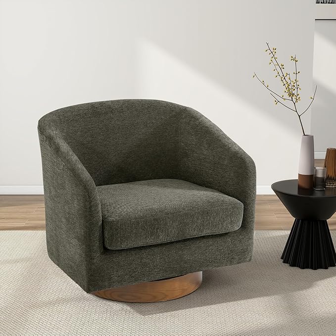 Swivel Barrel Chair, Modern Round PU Leather Accent Armchair for Living Room, Bedroom, Oversized Comfy Club Reading Chairs for Adults (Chenille Tan, Set of 2)