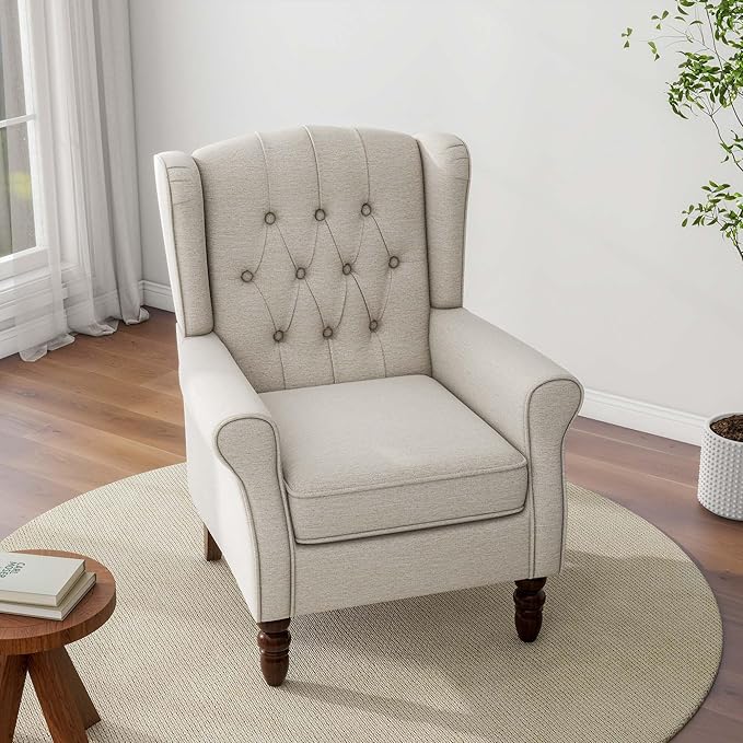 DREAMSIDEA Accent Chair, Upholstered Armchair with Button Tufted High Back & Solid Wood Legs, Comfy Wingback Reading Single Sofa Chair for Small Spaces, Living Room, Bedroom (Beige, Set of 2)