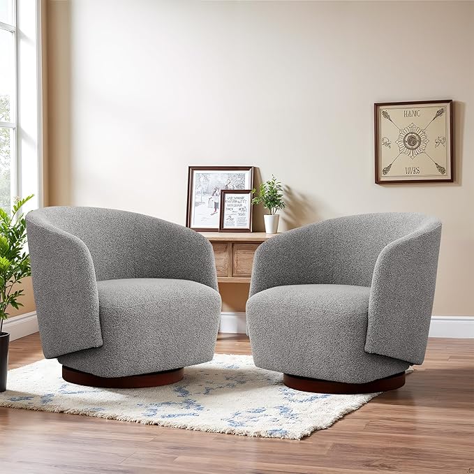 Boucle Swivel Accent Chairs Set of 2, No Assembly Upholstered Armchair with Rubberwood Base, 360° Rotating Living Room Chairs Set of 2 for Bedroom, Apartment & Reading Nook (2, Light Grey)