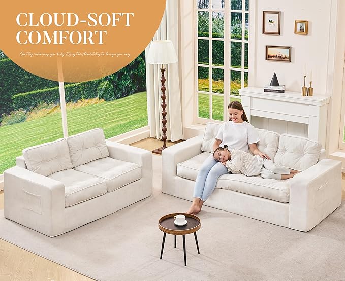 Hobestluk 3-Seater Sofa Boneless Couch with Tufted Button Design 2 in 1 Comfy Cloud Couch Oversized Sofa for Living Room Bedroom Apartment or Office (Beige, 3 Seater)