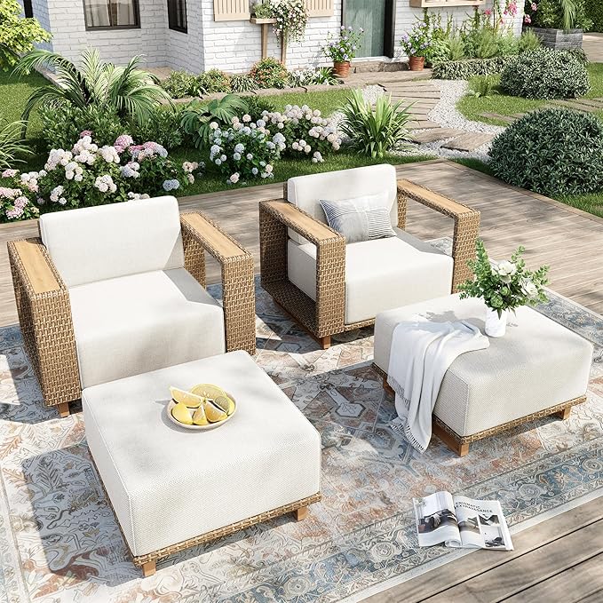 MIXPATIO 4 Pcs Outdoor Patio Furniture Set, Outdoor Wicker Modular Sofa Couch, 2 Rattan Single Sofa, 2 Ottomans with 10" Extra Thick Cushions