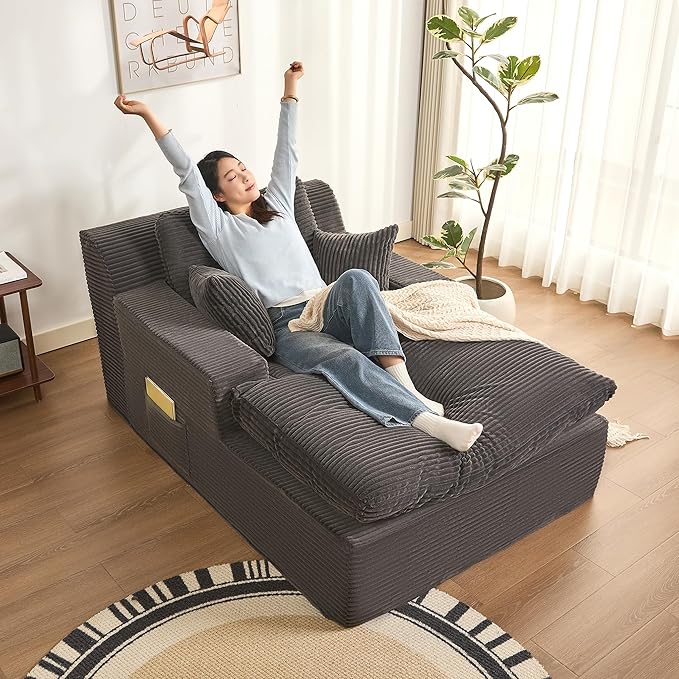 63" Oversized Boneless Chaise Lounge Chair, Extra Cloud Layer, Convertible Sleeper Sofa Couch with Removable Pillows & Side Pockets, Corduroy Upholstered Sofa Bed with Armrests for Living Room, Grey