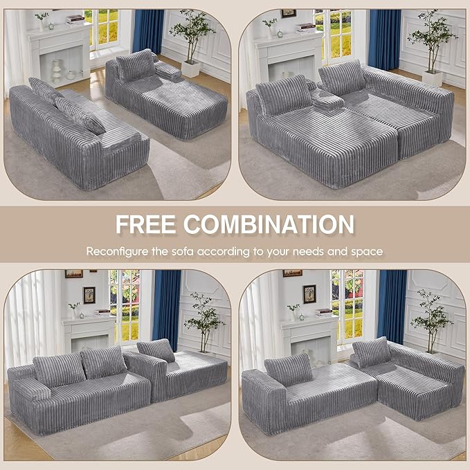 Modular Sectional Sofa Couches L-Shape Couch 3 Seat Modular Sofa Memory Foam Sectional Couches for Living Room, Cloud Couch with Oversized Chaise (Light Grey Stripe, 108" Right Facing Chaise)