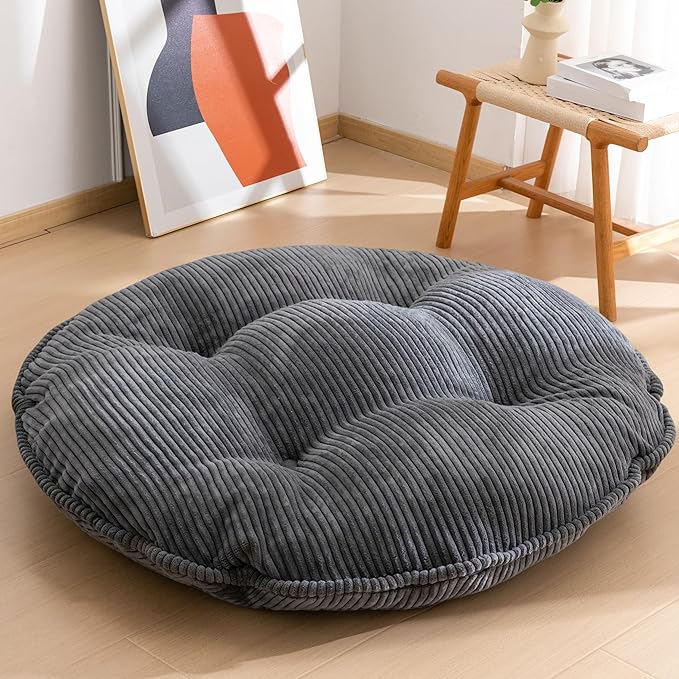 35" Washable Floor Pillow Cushion for Adults, Meditation Cushion Pillow, Extra Large Round Floor Sitting, Removable Tufted Corduroy Cover, for Tatami Living Room or Yoga, Dark Grey, Machine Washable