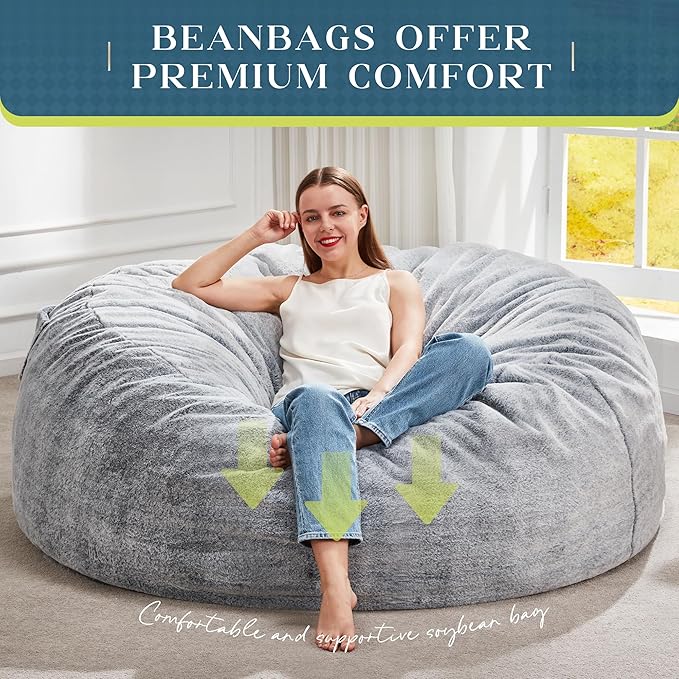 Hobestluk Bean Bag Chairs Giant Beanbag Chair with Filler, Memory Foam Bean Bags with Fluffy & Machine Washable Cover, Bean Bag Chairs for Aduts for Living Room, Bedroom (Grey, 5FT - 50” x 50” x 24”)