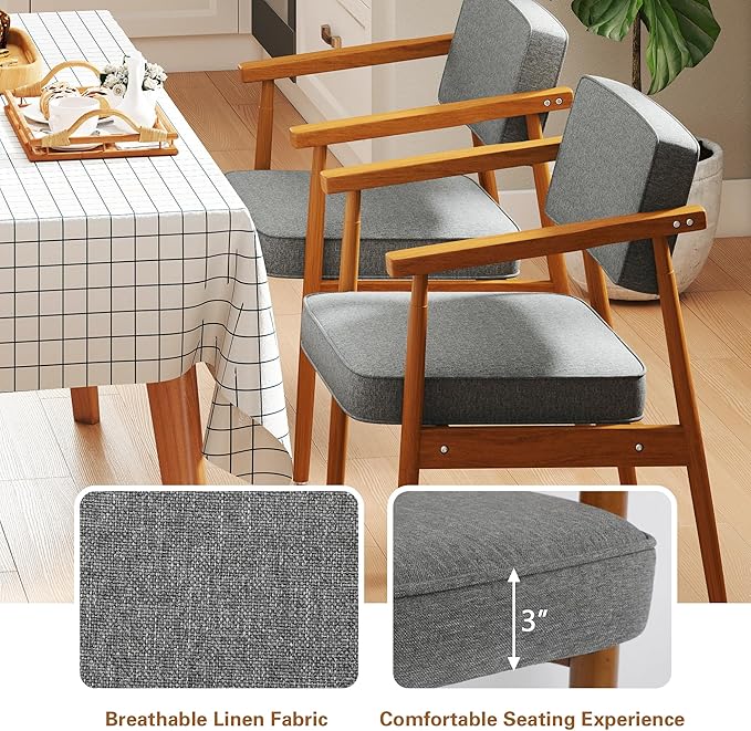 LSSPAID Mid Century Dining Chairs Set of 2, Grey Fabric Upholstered with Walnut Finished Handrails Comfy Backrest, Farmhouse Dining Room Chairs for Kitchen, Living Space & Restaurant