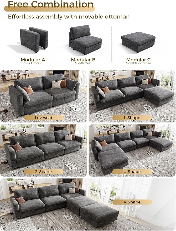 KKL Modular Sectional Oversize Sofa - Apartment Sofa Bed with Adjustable Backrest, 113" L Shaped Couches for Living Room, Down Filled Sectional Couch with Storage Ottoman Chenille, Grey