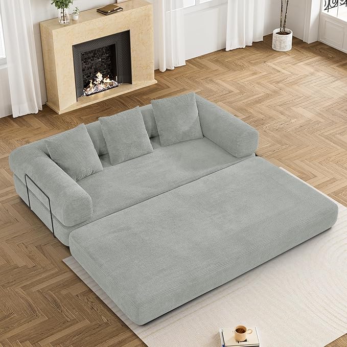 DAMAIFROM Convertible Sleeper Sofa Bed with Pillow, 4-in-1 Corduroy Folding Mattress Couch with Fixed-Shape Frame, Futon Fold Out Floor Sofa Cama Lounge Couch for Living Room Bedroom, Light Grey