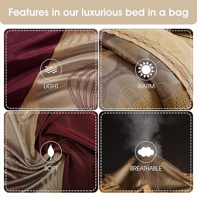Grand Avenue Elegant Wine Gold 7 Pieces Lightweight Microfiber Bed-in-a-Bag Comforter Bedding Set,Striped, Jacquard California King Comforter Set, All Season Bedroom Home Décor