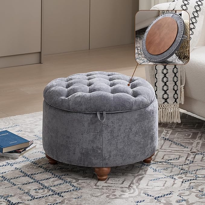 WUTUTUEE 24Inch Round Storage Ottoman with Tray, Modern Tufted Circle Coffee Table with Storage, Upholstered Ottoman with Removable Top for Living Room, Bedroom, Chenille Blue