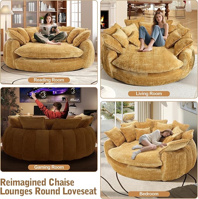 82'' Oversized Upholstered Sofa Bed, Round Chaise Lounge Chair Indoor, Modern Chenille Boneless Couch, No Assembly Required, Plush Sleeper Chair with 14 Pillows for Living Room, Yellow