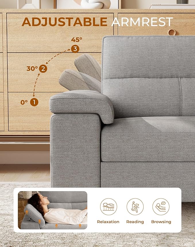 Upvilla 88.97" Modern Sofa Couches for Living Room, Deep Seat Sofas with 8”Cushion, Comfy 2-Seater Chenille Loveseat with Convertible Armrest, Removable Sofa Cover, High Leg(Light Gray)