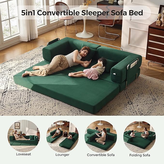 Carzzi-Life 79" Convertible Sofa Bed with Pillows, Corduroy Folding Sleeper Sofa with Fixed-Shape Frame, Boneless Couch for Living Room Bedroom, Floor Sofa Lounge No Assembly Required (Green)