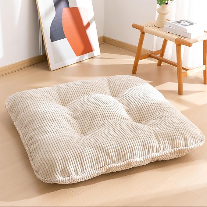 35" Washable Floor Pillow Cushion for Adults, Meditation Cushion Pillow, Extra Large Square Floor Sitting, Removable Tufted Corduroy Cover, for Tatami Living Room or Yoga, Beige, Machine Washable