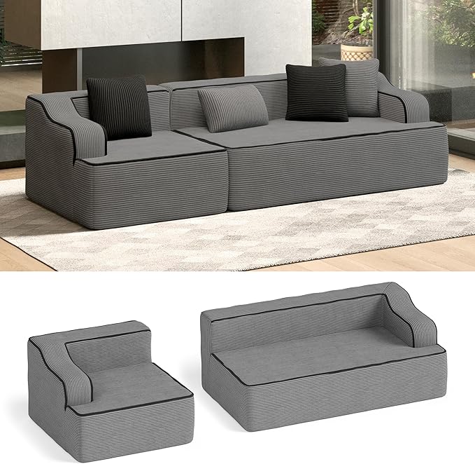 HERA'S HOUSE 105" Cloud Sectional Couch, Modular Upholstered Sofa with Wide Armrest, Corduroy Boneless Couches with 4 Throw Pillows for Living Room, No Assembly Required, Grey