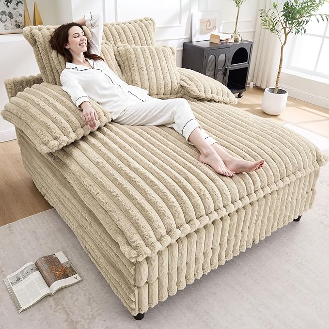 54.8" W Oversized Chaise Lounge Chair Indoor with 5-Position Adjustable Backrest, Plush Sleeper Sofa Bed with Pillows, Upholstered Cloud Couch Chair for Living Room, Study Room, Khaki