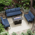 RTDTD Aluminum Outdoor Patio Furniture Set,4 Pieces 7 Seats Patio Conversation Sets with 45" Propane Fire Pit Table,Metal Patio Sectional Furniture Set w/5.1" Cushions,Navy Blue