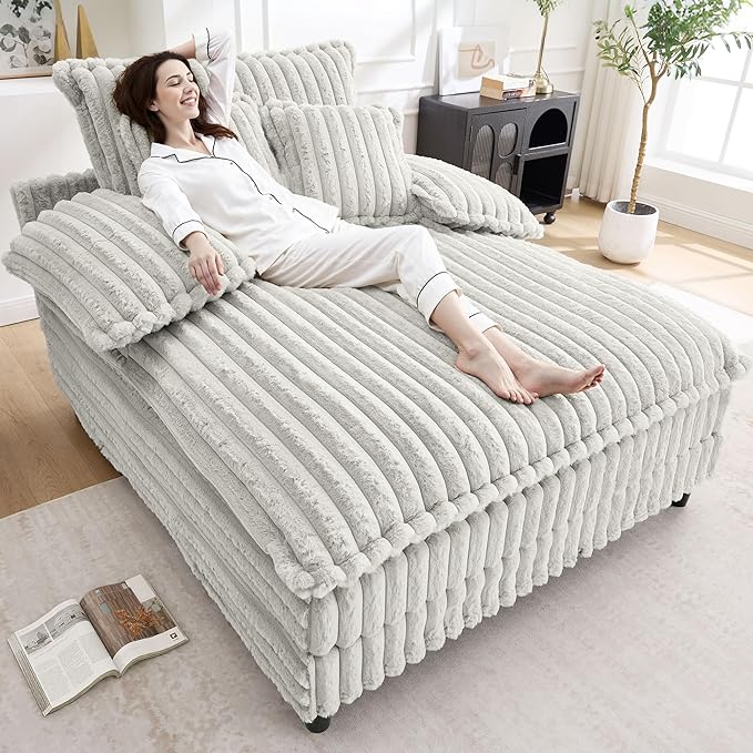 54.8" W Oversized Chaise Lounge Chair Indoor with 5-Position Adjustable Backrest, Plush Sleeper Sofa Bed with Pillows, Upholstered Cloud Couch Chair for Living Room, Study Room, Silver Grey