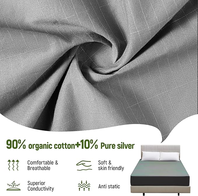 Groundingtop Bare Earth Grounding Sheets Twin Size - 90% Cotton + 10% Silver Fiber Earthing Sheets Grounded Well Bed Sheet - Conductive Earth Fitted Sheet for Better Sleep(Gray, Twin,35 * 75 * 15inch)