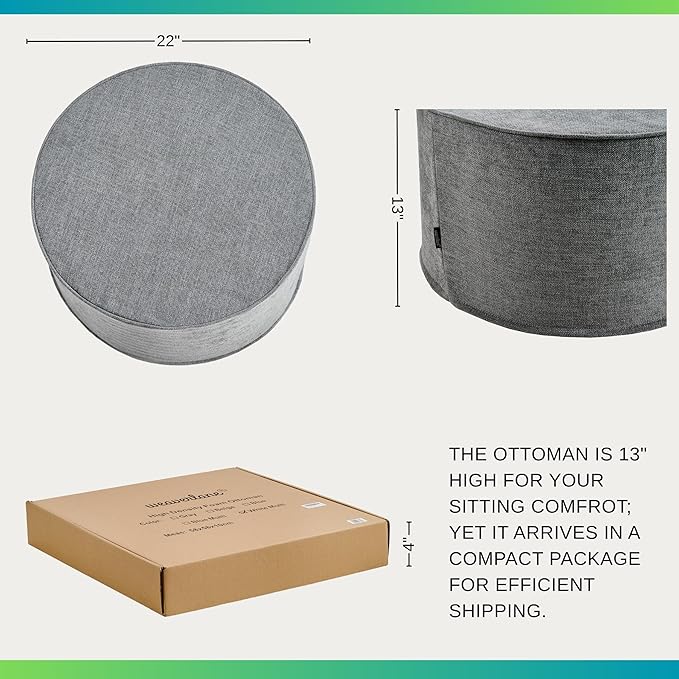 Weaverlane Large 22" Sturdy Ottoman Pouf for Living Room, Bedroom, Playroom, High Density Foam Filling Footrest, Side Table, Extra Seating Home College Dorm Décor Extra Firm (Gray)