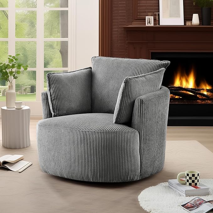 Chorlenimi Swivel Accent Chair Round Barrel Armchair Upholstered Living Room Chair Corduroy Reading Chair Single Sofa Chair for Bedroom Apartment Office (Grey, Standard 1Seater)