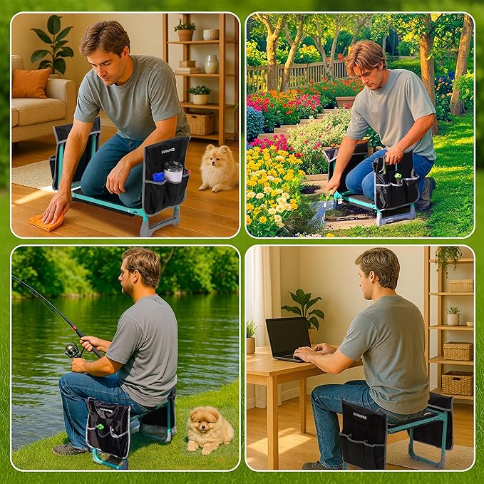 WORKPRO Garden Kneeler and Seat, 10" Wider Heavy Duty Foldable Gardener Stool with 2 Tool Bag Pouchs, NBR & EVA Foam Pad, Outdoor Portable Kneeler Bench for Gardening