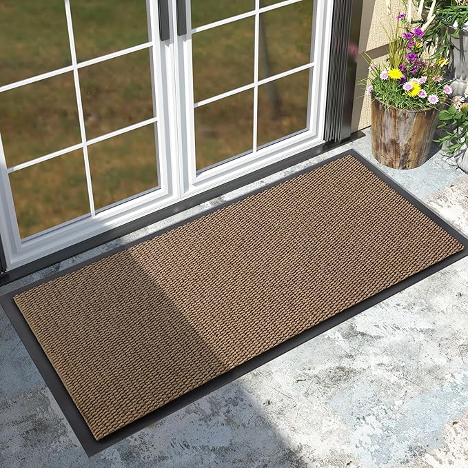 Yimobra Doormat Outdoor Indoor Entrance 47 x 24, All-Season All-Weather Front Door Mat, 100% Waterproof Welcome Matt for Floor Garage Outside Entry, Stain and Fade Resistant,Khaki