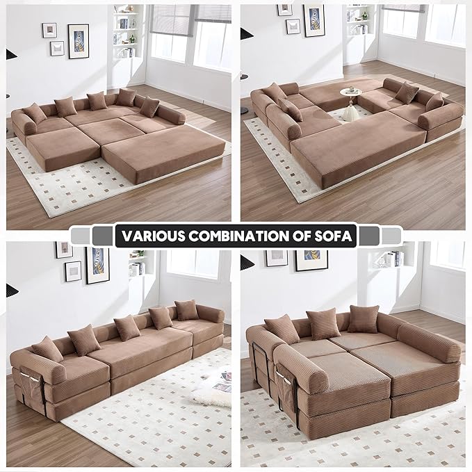 L Shape Convertible Sofa Bed with Cylindrical Pillow and Storage Pocket, Convertible Sofa Couch Bed with Support Frame for Living Room Bedroom Children Room-Brown