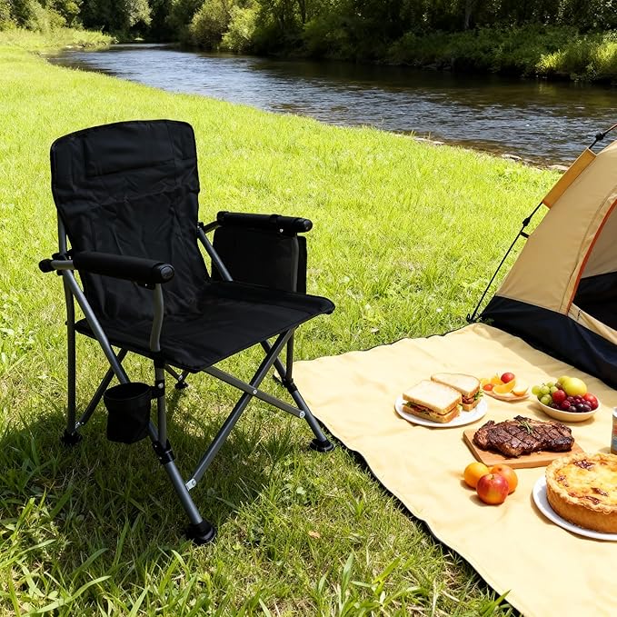 Folding Camping Chair with Cup Holder and Storage Bag, Heavy Duty Support 400 LBS, Oversized Collapsible Portable Camping Chair for Outdoor Camp, Picnic, Travel, Fishing Black