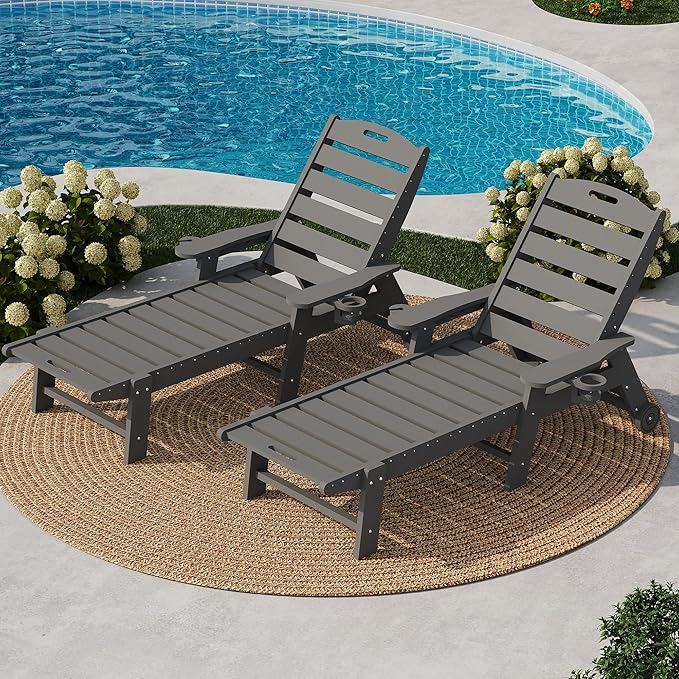 GarveeLife Outdoor HDPE Chaise Lounge with Rolling Wheels, Oversize HDPE 5-Position Pool Lounge Chairs, Pool Lounges Chairs