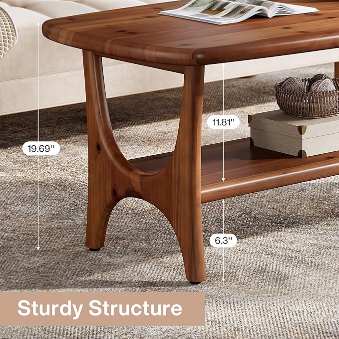 Solid Wood Coffee Table, 47.24” Mid-Century Modern Rectangle Living Room Table, 2-Tier Center Table for Living Room