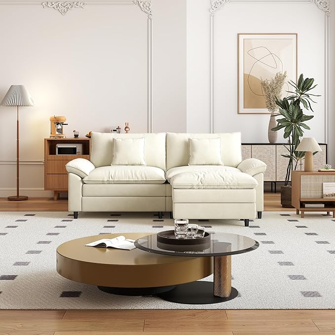 Aoowow Modular Sectional Sofa Modern Convertible Loveseat Couch,85 Inch Deep 2-Seater Sofas Comfy Chenille Cloud Sofas and Couches Set with Movable Ottoman for Living Room Apartment(Beige)