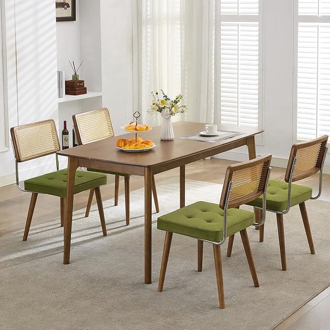 GarveeHome Natural Rattan Dining Chairs Set of 2, Velvet Upholstered Kitchen Chairs with Tall Cane Backrest and Strong Wood Legs for Dining Room, Kitchen, Restaurant, Green