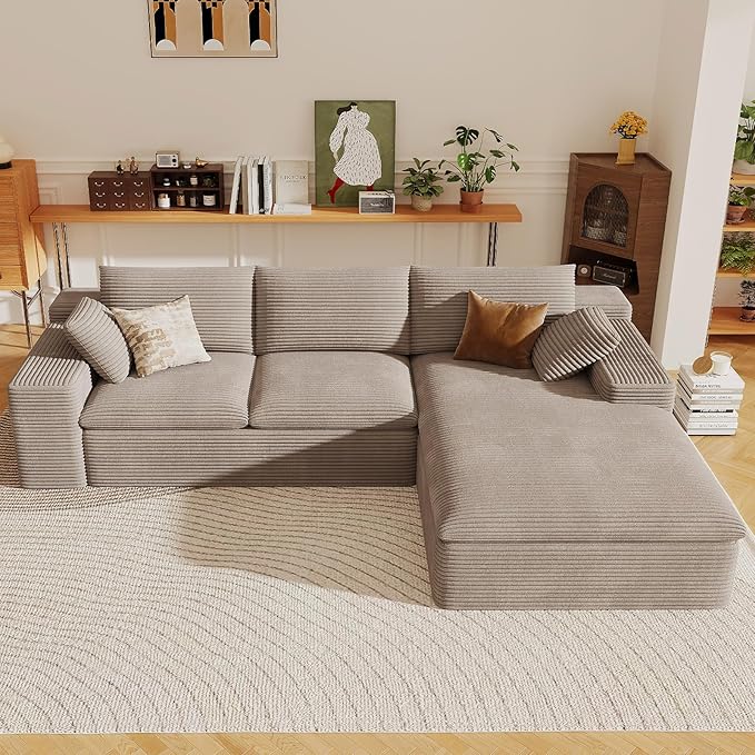 107" Cloud Sectional Couch with L-Shape Chaise,Corduroy Viral Boneless Sofa for Living Room,Modern Memory Foam Couches in a Box with Deep Seat,No Assembly Required (Camel,Right-Facing Chaise)