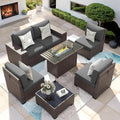 Patio Furniture Set with Fire Pit Table, 7 Piece Outdoor Sectional Conversation Sets Wicker Rattan Sectional Sofa with Coffee Table for Patio Garden Backyard, 4'' Thickened Cushion Dark Grey
