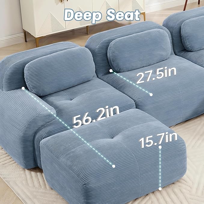 SoarFlash 117" Modern L-Shaped Modular Sectional Sofa for Living Room, Corduroy Upholstery Oversized 3-Seater Couch with Deep Seat and Movable Ottoman-No Assembly, Blue