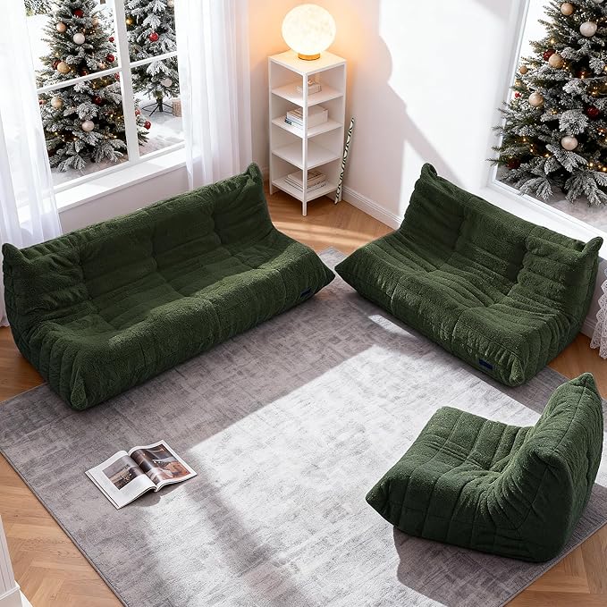 Bean Bag Loveseat Chair Big Sofa Beanbag Chair for Adults Fireside Chair Bean Bag Lounger with Memory Foam Filled for Home,Apartment or Gaming Venue（Green Teddy）
