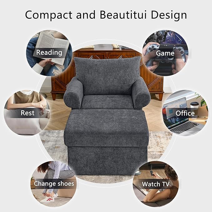35.82" Accent Chair with Ottoman Set,Upholstered Living Room Chairs for Reading Chair with Chaise Lounge Chairs Indoor, Comfortable Armchair for Bedroom (Gray, 35.82")