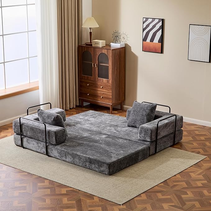 77" Convertible Foldable Floor Couch, 3-Seat Futon Sleeper Sofa for Living Room, Bedroom, or Apartment, with Pillow Backrest and Armrests, Chenille Fabric, No Assembly Required, Dark Grey
