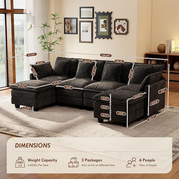 Ihanherry 106" U-Shaped Modern Sofa Modular Sectional Cloud Couch 6-Seat Chenille Seat Sofa with Ottoman for Living Room, Bedroom and Apartment, Black