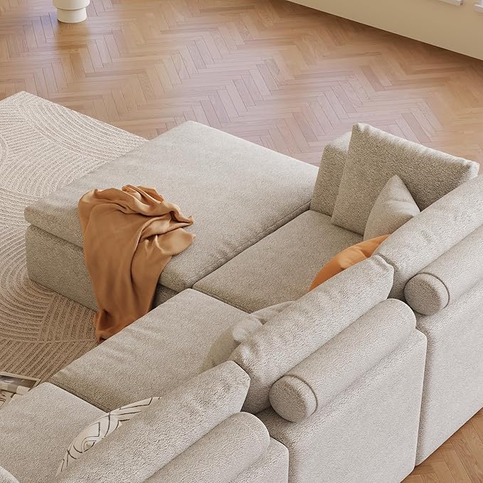 OTSLTSOO 39.4" Oversized Ottoman Foot Rest for Sectional Couch, Movable Cloud Rectangle Ottoman with Memory Foam and Soft Teddy Fleece, Modular Pouf, No Assembly Required, Non-Slip Bottom (Beige)