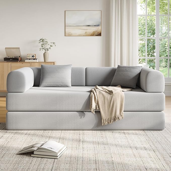 79 Inch 5-in-1 Convertible Sofa Bed, Corduroy Boneless Floor Couch with Fixed Frame & Pillow, Modular Folding Mattress Lounger for Small Space, Living Room, Bedroom - Easy Assembly(Light Gray)