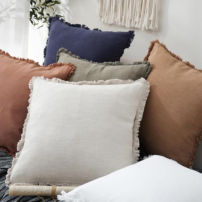 Foindtower Set of 2 Decorative Linen Fringe Throw Pillow Covers Cozy Boho Farmhouse Cushion Cover with Tassels Soft Accent Pillowcase for Couch Sofa Bed Living Room Home Decor, 22×22 Inch, Beige