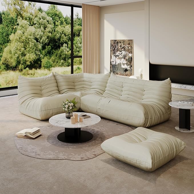Bean Bag Chair Fireside Chair Lazy Floor Sofa, Faux Leather Giant Corner Bean Bag Sofa, High-Resilience Memory Foam Armless Foam Lounger Tatami Recliner Couch for Living Room Bedroom Dorm Office