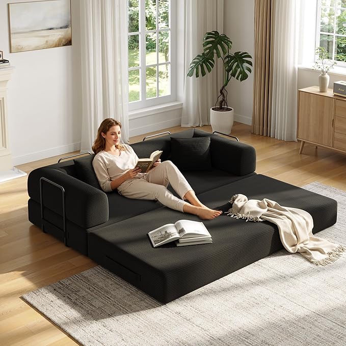 79 Inch 5-in-1 Convertible Sofa Bed, Corduroy Boneless Floor Couch with Fixed Frame & Pillow, Modular Folding Mattress Lounger for Small Space, Living Room, Bedroom - Easy Assembly(Black)