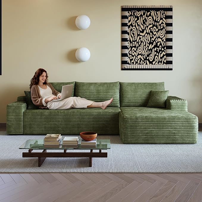 AUGOP 108" Sectional Couches for Living Room Modern Modular Sofa with L-Shape Couchs Upholstered Boneless Couch Deep Seat Sectional Couch with Chaise (Green, Right Facing Chaise+2Seaters)